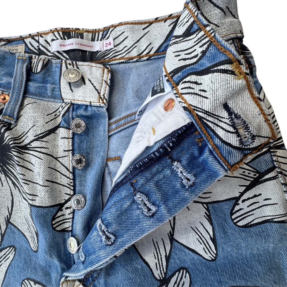 Levis x Farm Rio Ribcage Straight Jeans Womens 24 Blue Tropical Ankle High Rise - Picture 9 of 15
